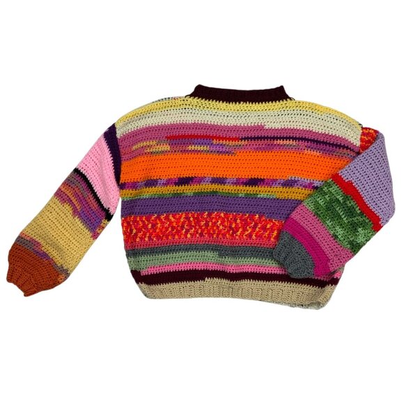 Scrap Yarn Colorful Crochet Sweater Jumper S Balloon Sleeve Crewneck Grandmacore - Picture 11 of 11